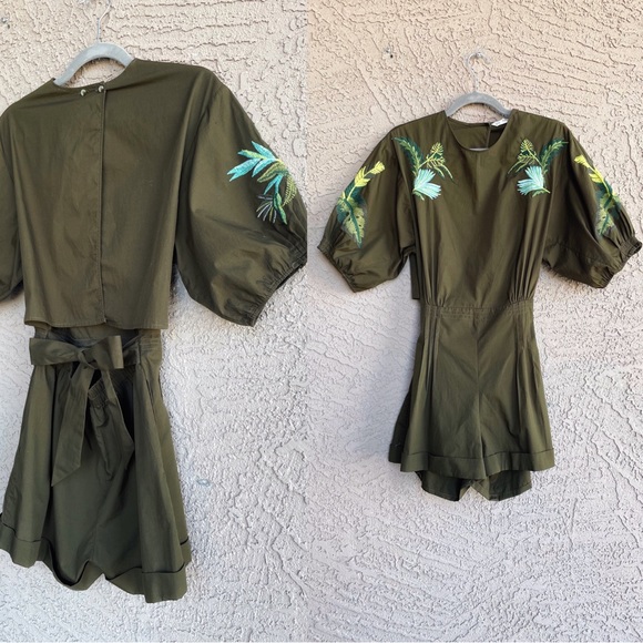 ZARA Army Green Puff Sleeve Blue Tropical Floral Embroidered Open Back Romper - Picture 11 of 12